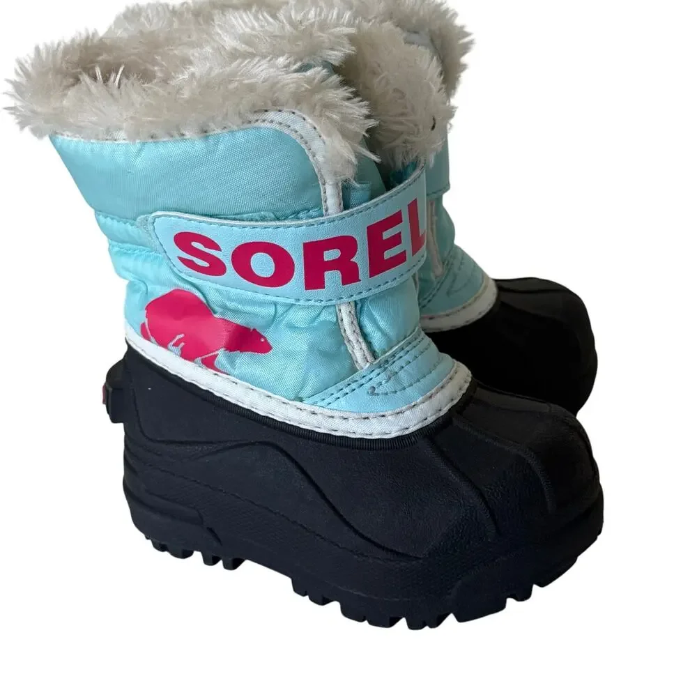 Sorel Snow Commander kids' boots size 6 blue pink logo black rubber shell.